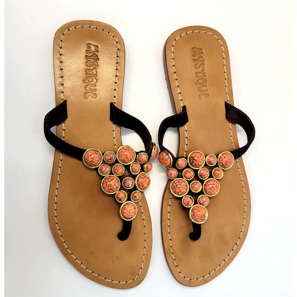 Mystique Boho Thong Sandals Shoes Womens 7 Brown Suede Orange Stone Flat Artsy - Picture 15 of 16